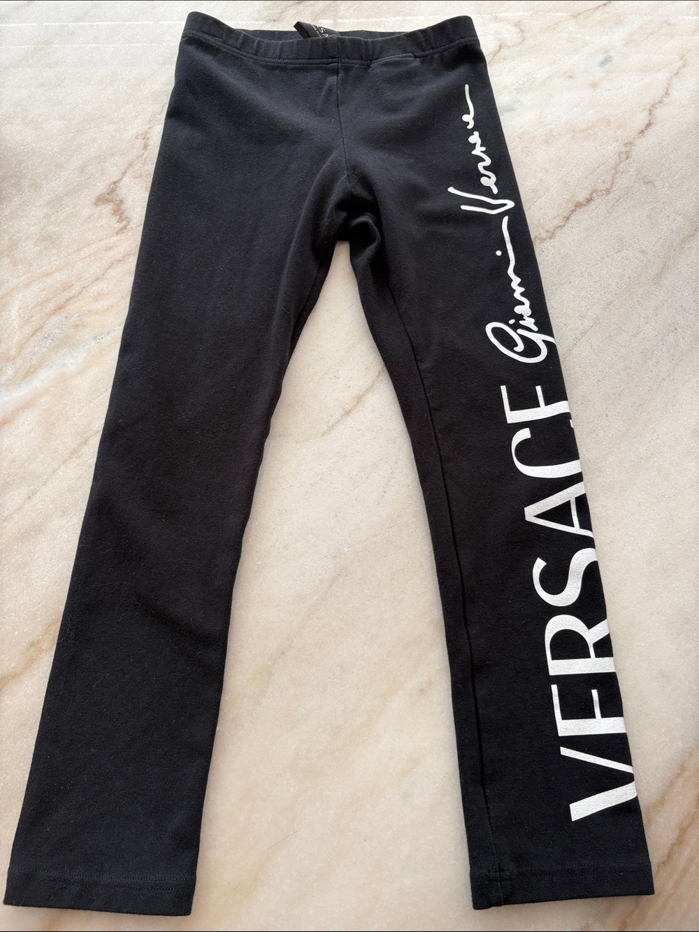 Versace Kids Black Leggings with White Side Script Logo